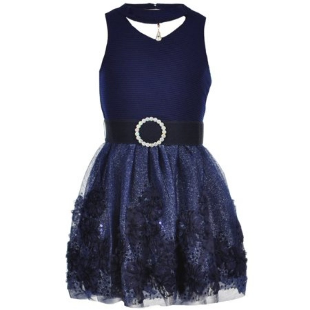Beautees Girls Navy Choker Soutache Mesh Flare Skater Dress 7 8 10 12 NWT